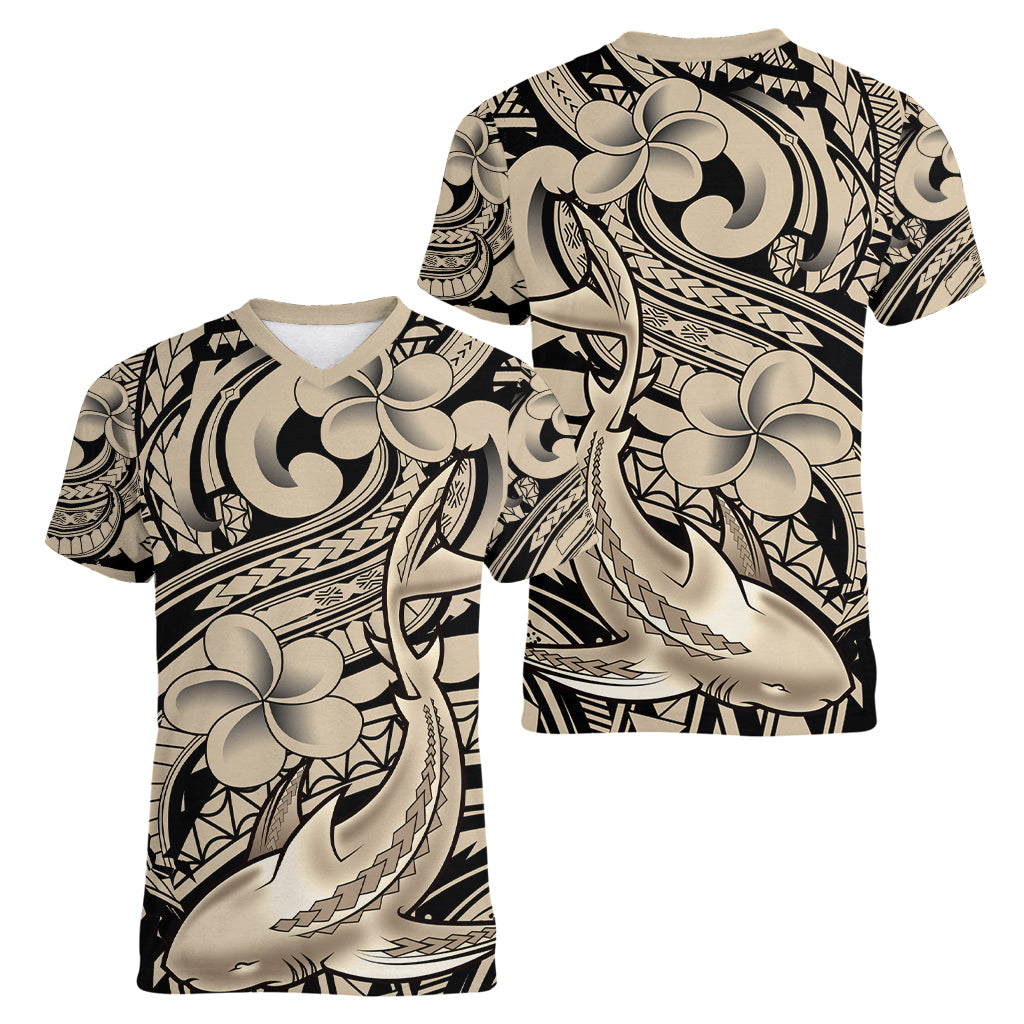 Polynesian Shark Tribal Tattoo Women V Neck T Shirt Beige Style