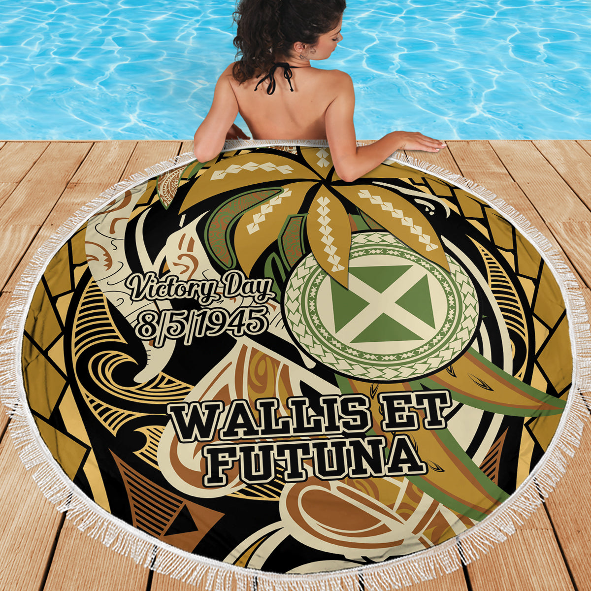Wallis and Futuna Victory Day Beach Blanket Since 1945 with Polynesian Platinum Floral Tribal