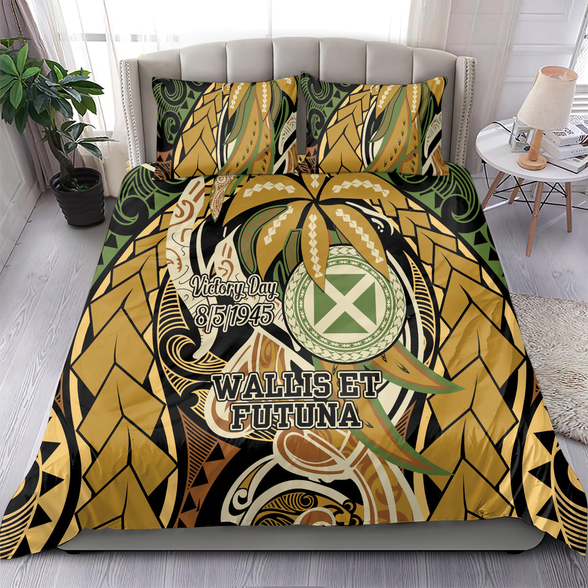 Wallis and Futuna Victory Day Bedding Set Since 1945 with Polynesian Platinum Floral Tribal