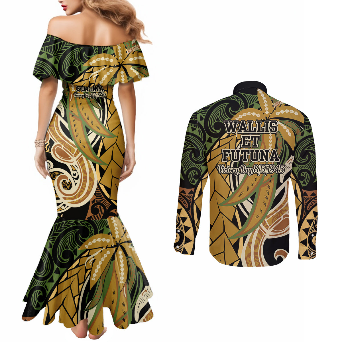Wallis and Futuna Victory Day Couples Matching Mermaid Dress and Long Sleeve Button Shirt Since 1945 with Polynesian Platinum Floral Tribal
