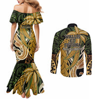 Wallis and Futuna Victory Day Couples Matching Mermaid Dress and Long Sleeve Button Shirt Since 1945 with Polynesian Platinum Floral Tribal