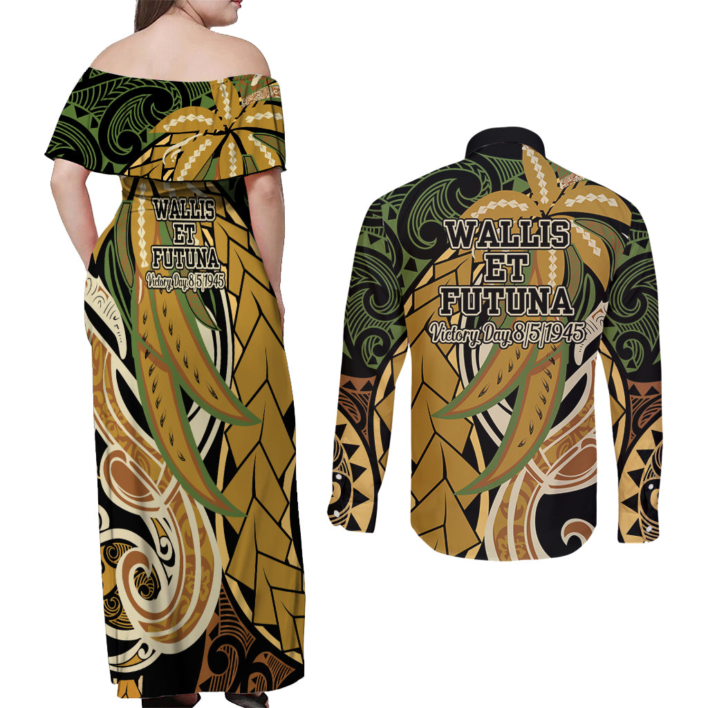 Wallis and Futuna Victory Day Couples Matching Off Shoulder Maxi Dress and Long Sleeve Button Shirt Since 1945 with Polynesian Platinum Floral Tribal