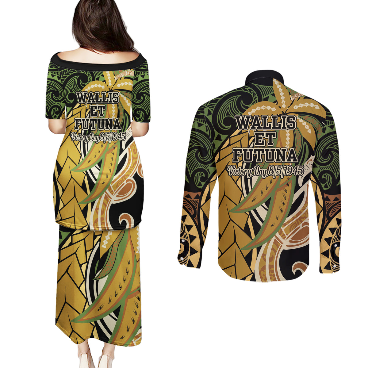 Wallis and Futuna Victory Day Couples Matching Puletasi and Long Sleeve Button Shirt Since 1945 with Polynesian Platinum Floral Tribal