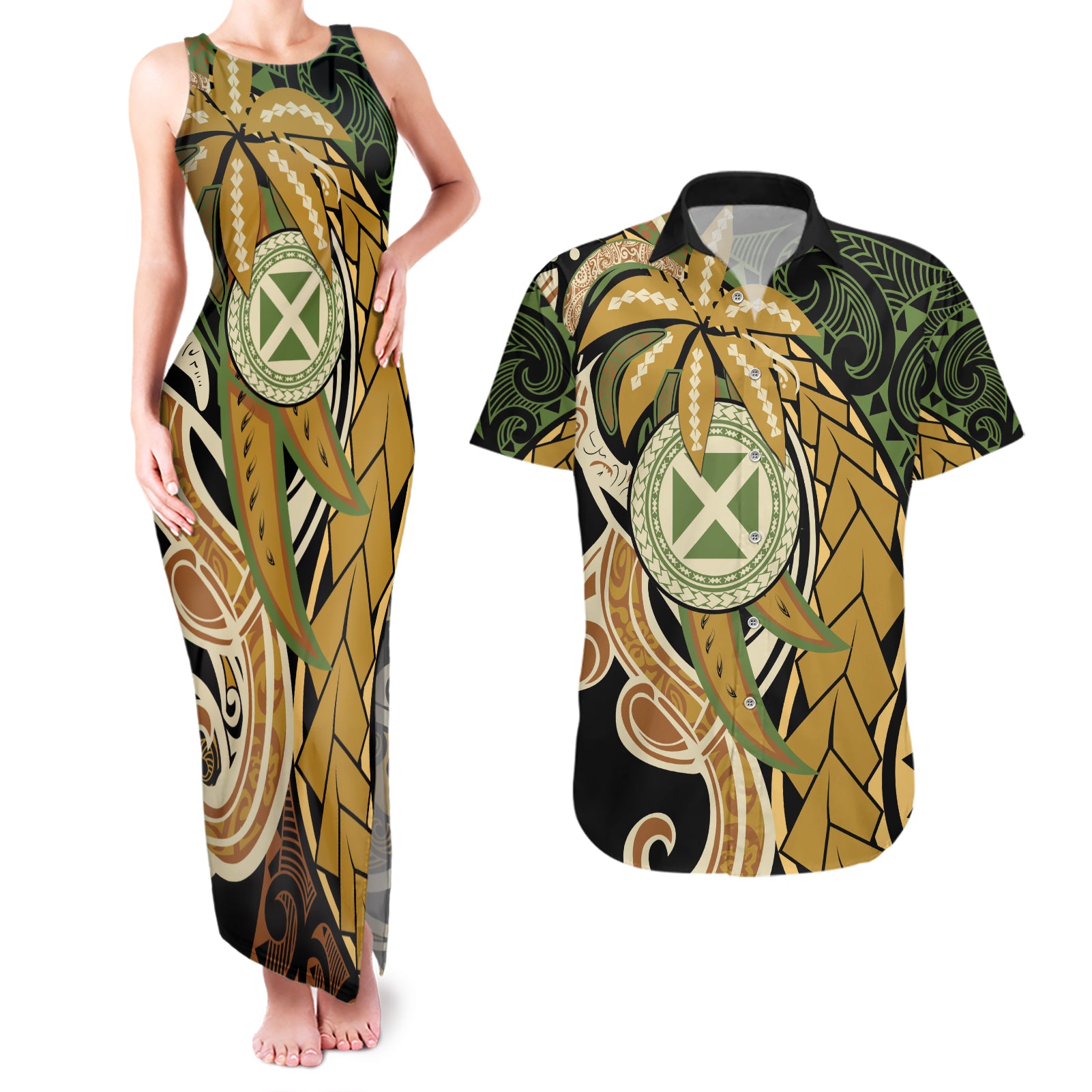 Wallis and Futuna Victory Day Couples Matching Tank Maxi Dress and Hawaiian Shirt Since 1945 with Polynesian Platinum Floral Tribal