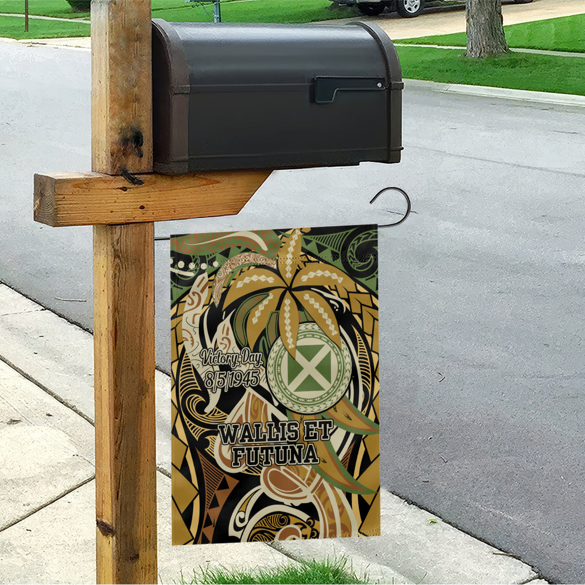 Wallis and Futuna Victory Day Garden Flag Since 1945 with Polynesian Platinum Floral Tribal