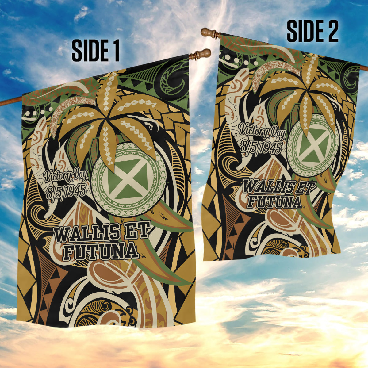 Wallis and Futuna Victory Day Garden Flag Since 1945 with Polynesian Platinum Floral Tribal