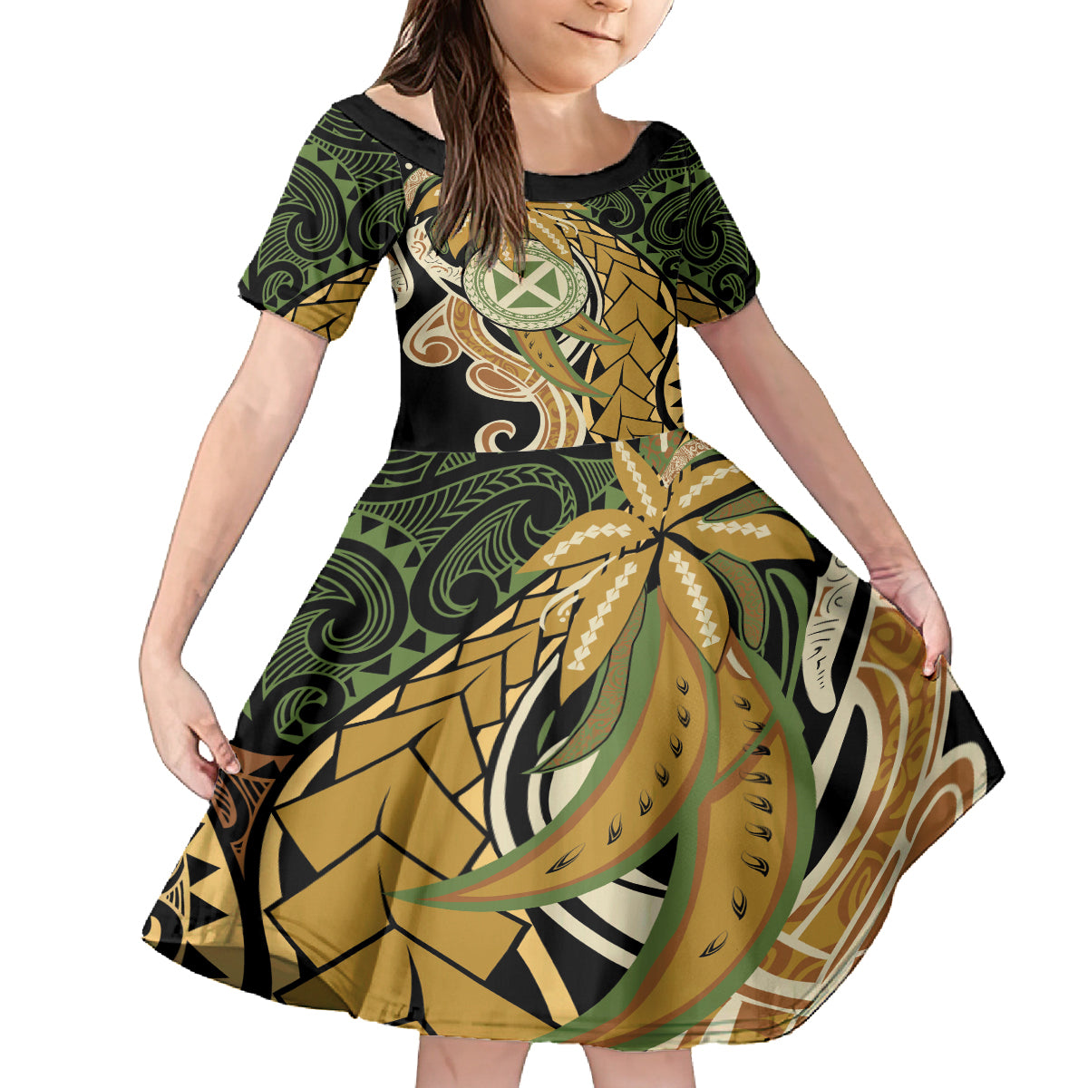 Wallis and Futuna Victory Day Kid Short Sleeve Dress Since 1945 with Polynesian Platinum Floral Tribal