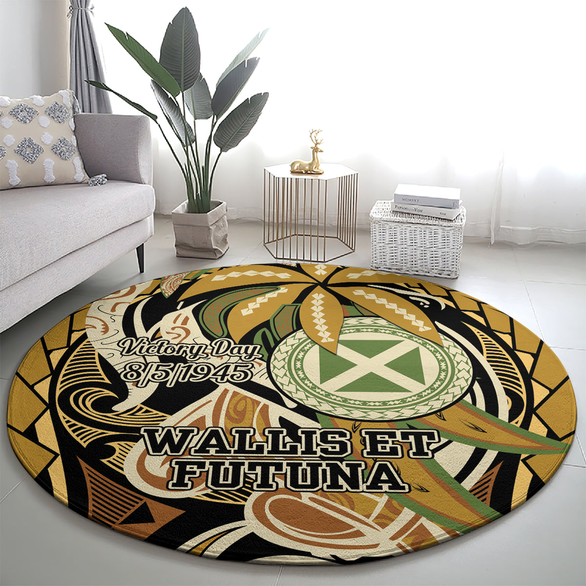 Wallis and Futuna Victory Day Round Carpet Since 1945 with Polynesian Platinum Floral Tribal
