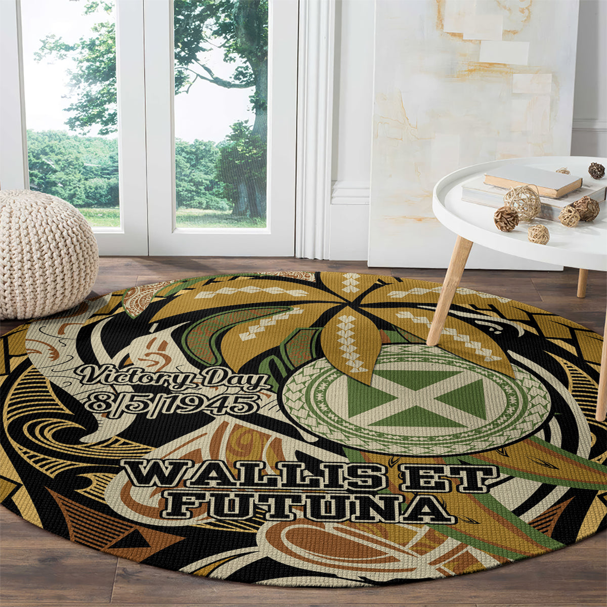 Wallis and Futuna Victory Day Round Carpet Since 1945 with Polynesian Platinum Floral Tribal