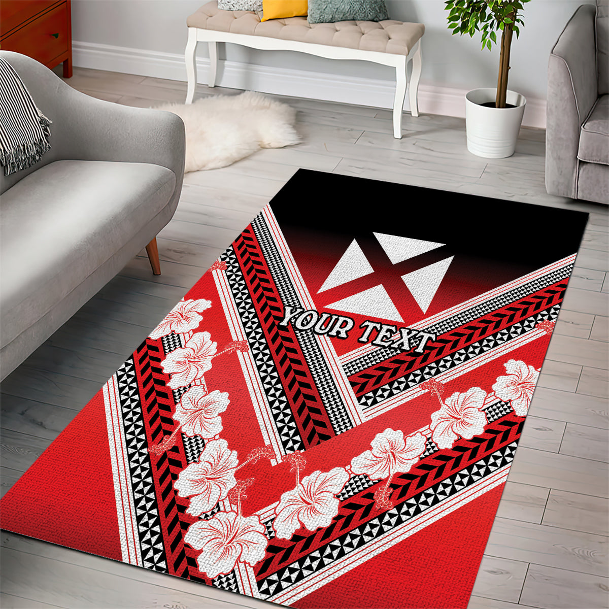 Personalised Wallis et Futuna Area Rug Hibiscus and Polynesian Tribal Tattoos