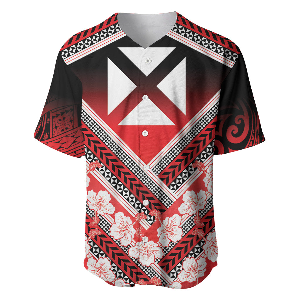 Personalised Wallis et Futuna Baseball Jersey Hibiscus and Polynesian Tribal Tattoos