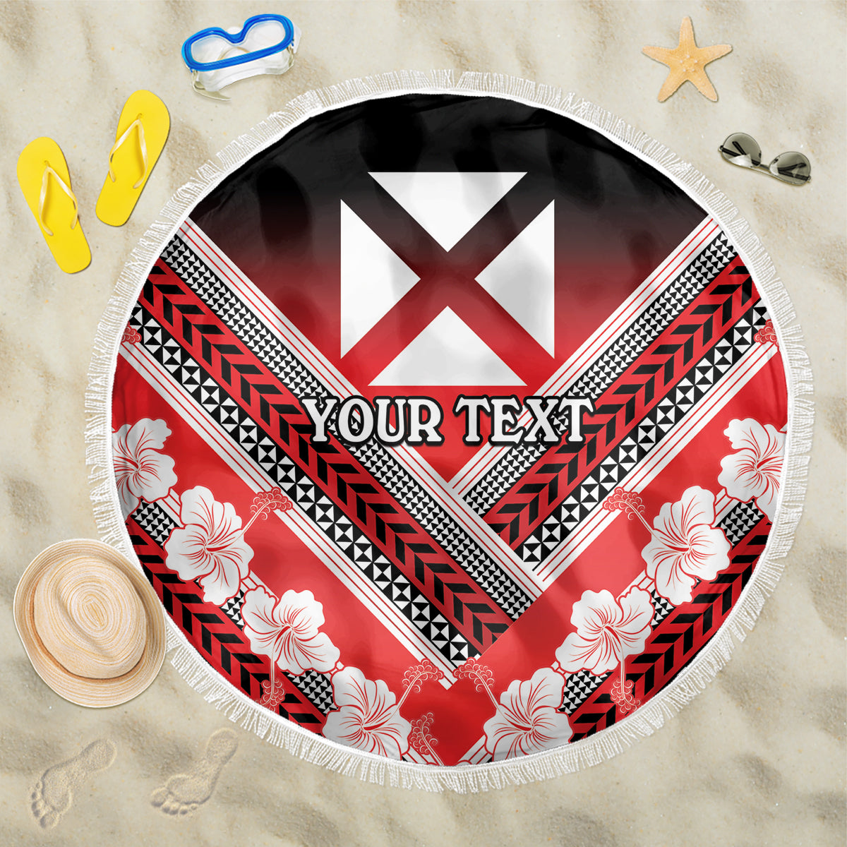 Personalised Wallis et Futuna Beach Blanket Hibiscus and Polynesian Tribal Tattoos LT9 One Size 150cm Red - Polynesian Pride
