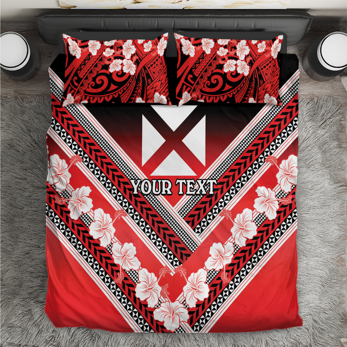 Personalised Wallis et Futuna Bedding Set Hibiscus and Polynesian Tribal Tattoos LT9 Red - Polynesian Pride