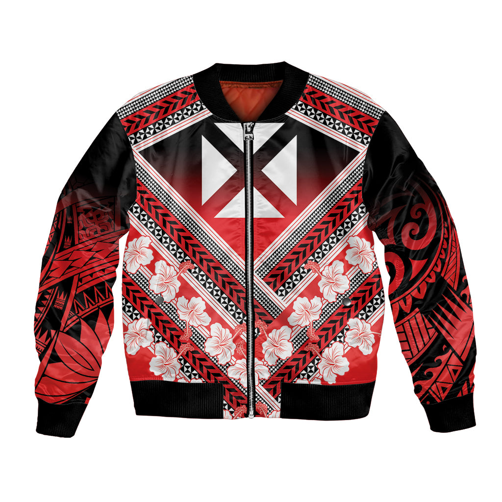 Personalised Wallis et Futuna Bomber Jacket Hibiscus and Polynesian Tribal Tattoos LT9 Unisex Red - Polynesian Pride