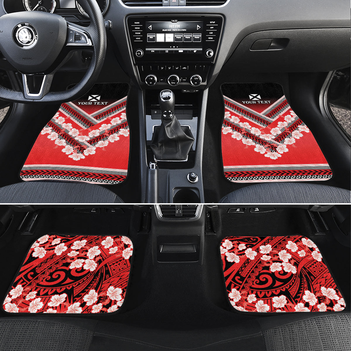 Personalised Wallis et Futuna Car Mats Hibiscus and Polynesian Tribal Tattoos LT9 Set 4pcs Red - Polynesian Pride