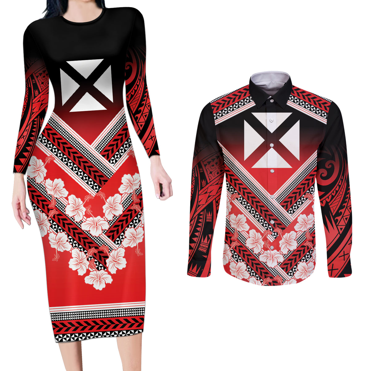 Personalised Wallis et Futuna Couples Matching Long Sleeve Bodycon Dress and Long Sleeve Button Shirt Hibiscus and Polynesian Tribal Tattoos