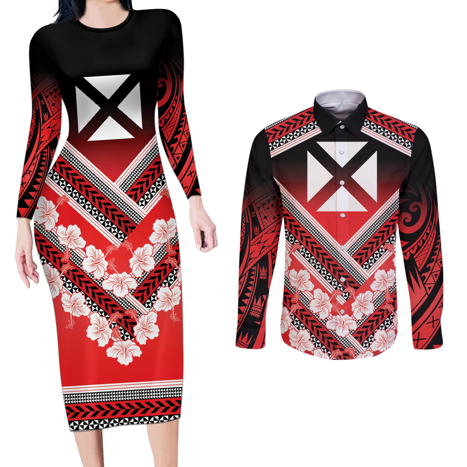 Personalised Wallis et Futuna Couples Matching Long Sleeve Bodycon Dress and Long Sleeve Button Shirt Hibiscus and Polynesian Tribal Tattoos LT9 Red - Polynesian Pride