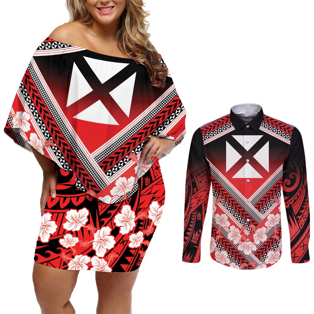 Personalised Wallis et Futuna Couples Matching Off Shoulder Short Dress and Long Sleeve Button Shirt Hibiscus and Polynesian Tribal Tattoos