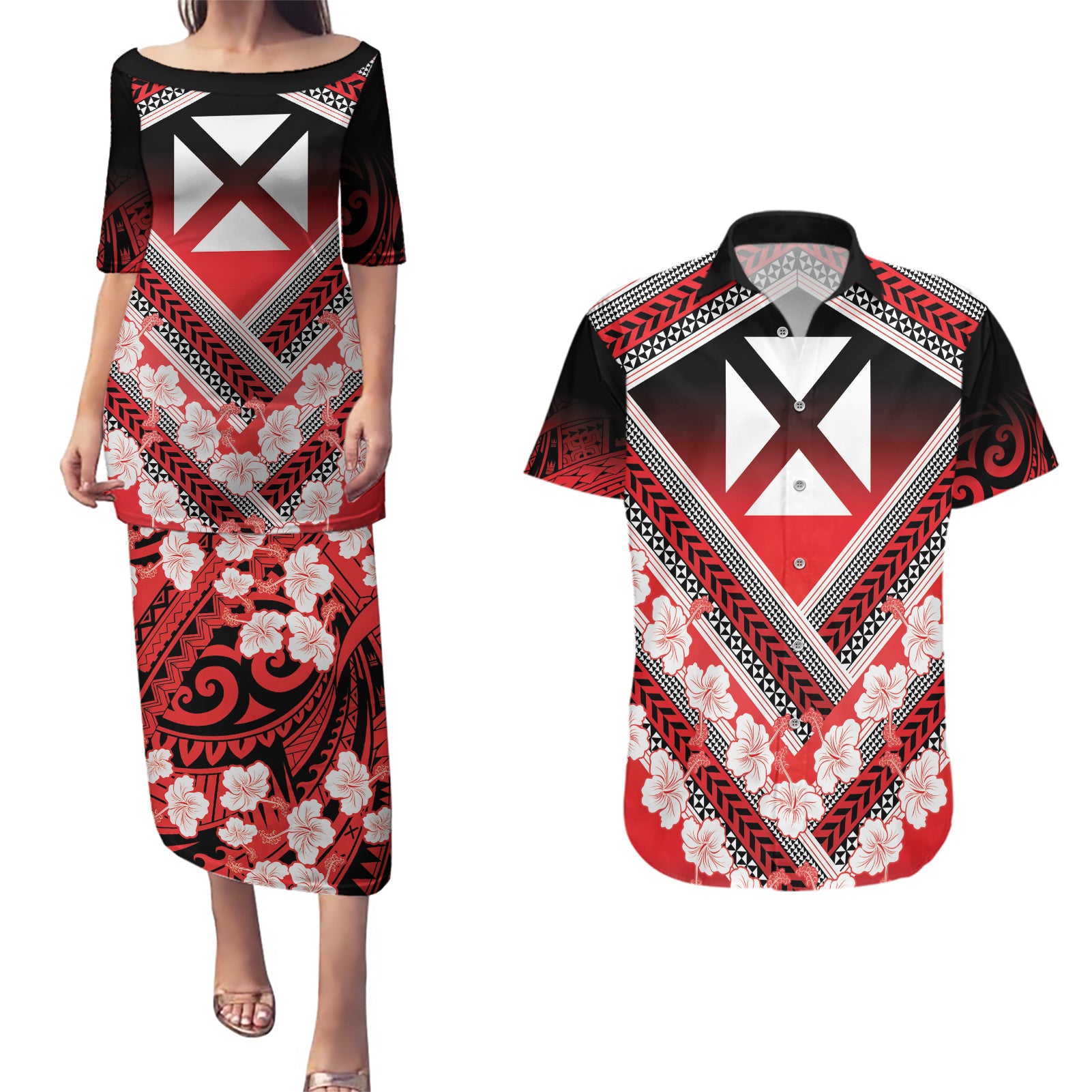 Personalised Wallis et Futuna Couples Matching Puletasi and Hawaiian Shirt Hibiscus and Polynesian Tribal Tattoos