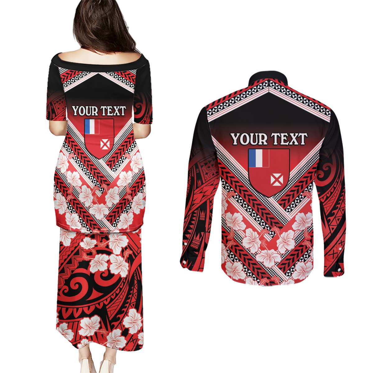 Personalised Wallis et Futuna Couples Matching Puletasi and Long Sleeve Button Shirt Hibiscus and Polynesian Tribal Tattoos