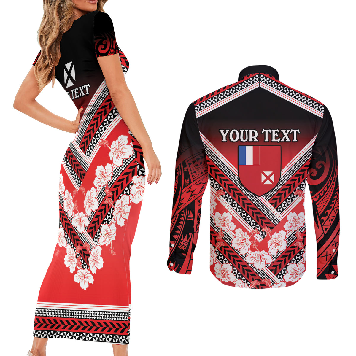 Personalised Wallis et Futuna Couples Matching Short Sleeve Bodycon Dress and Long Sleeve Button Shirt Hibiscus and Polynesian Tribal Tattoos
