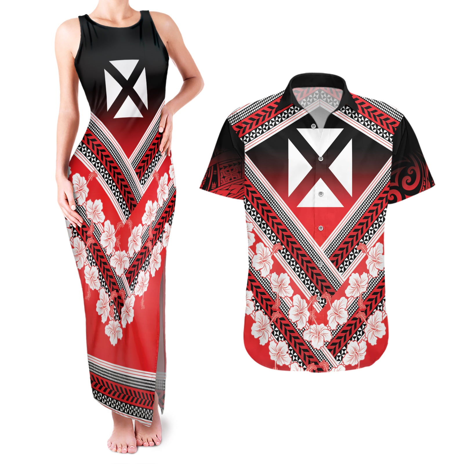 Personalised Wallis et Futuna Couples Matching Tank Maxi Dress and Hawaiian Shirt Hibiscus and Polynesian Tribal Tattoos