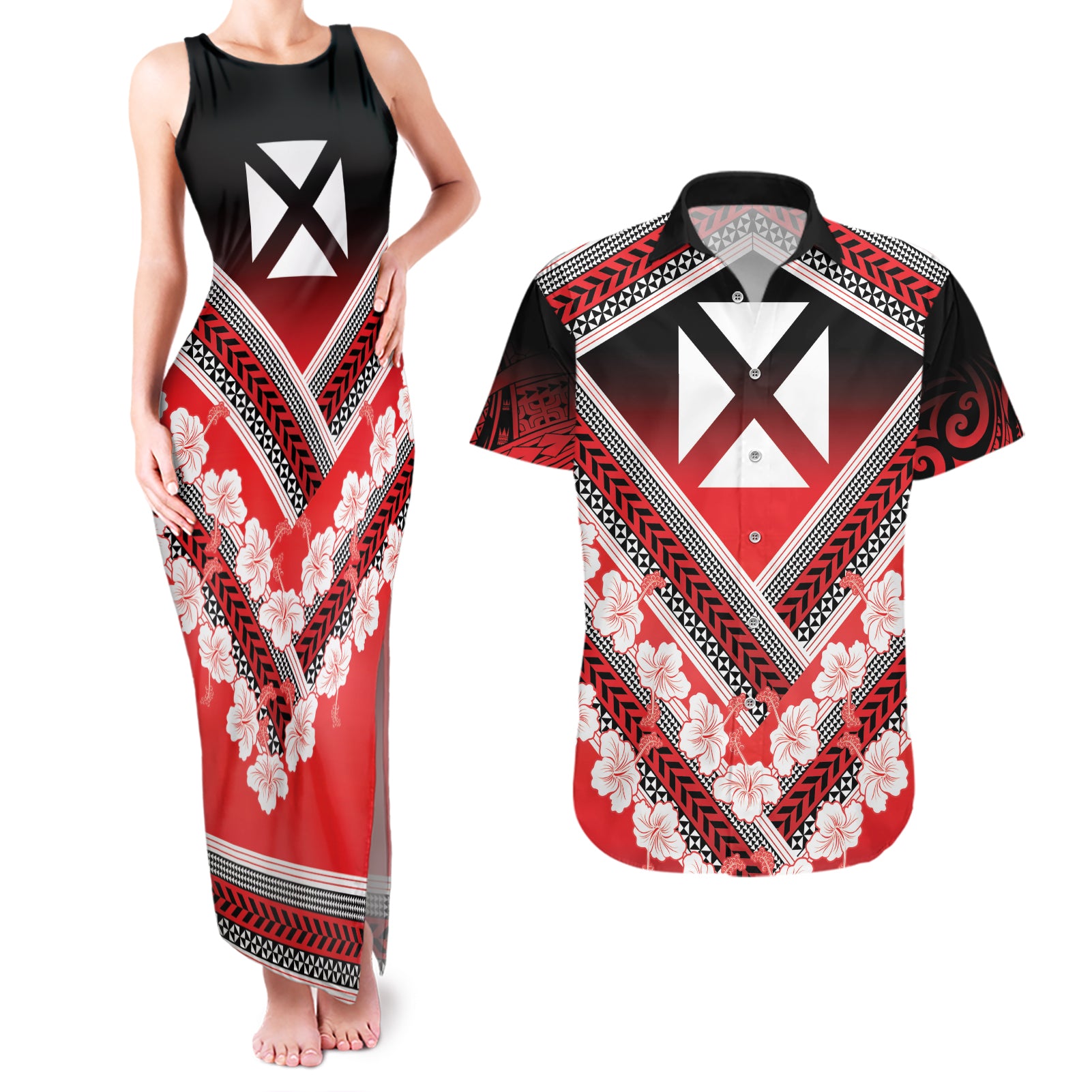 Personalised Wallis et Futuna Couples Matching Tank Maxi Dress and Hawaiian Shirt Hibiscus and Polynesian Tribal Tattoos