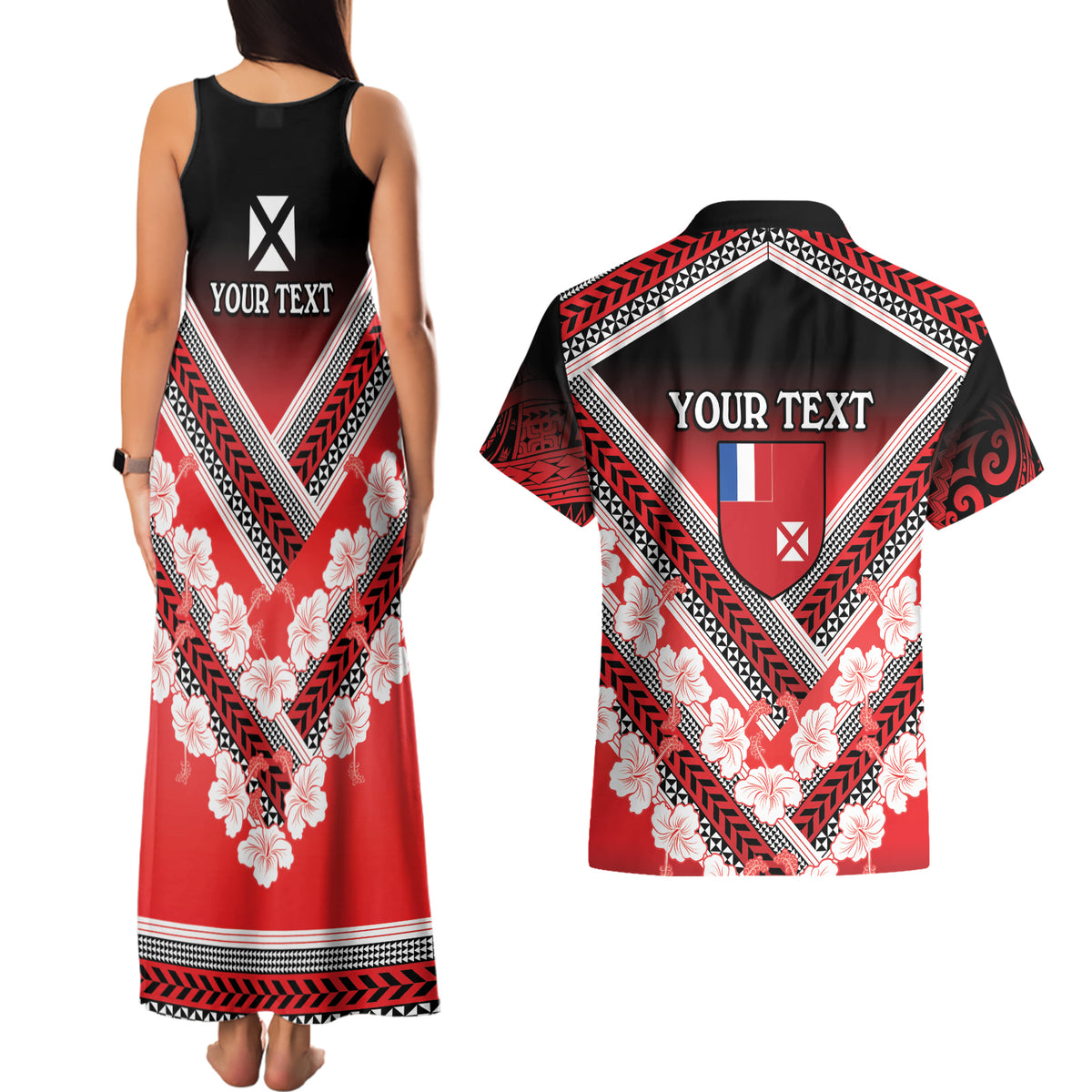 Personalised Wallis et Futuna Couples Matching Tank Maxi Dress and Hawaiian Shirt Hibiscus and Polynesian Tribal Tattoos