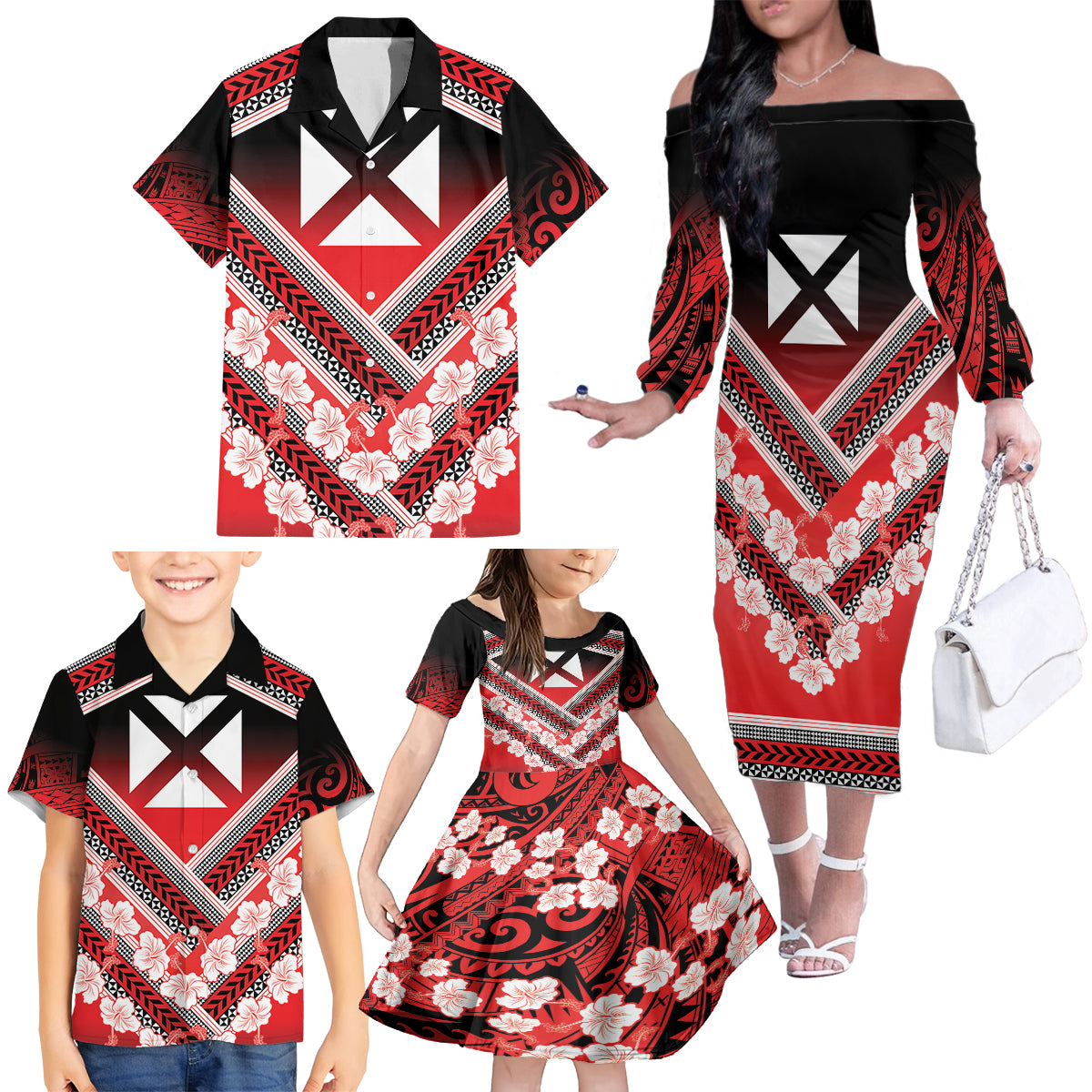 Personalised Wallis et Futuna Family Matching Off The Shoulder Long Sleeve Dress and Hawaiian Shirt Hibiscus and Polynesian Tribal Tattoos