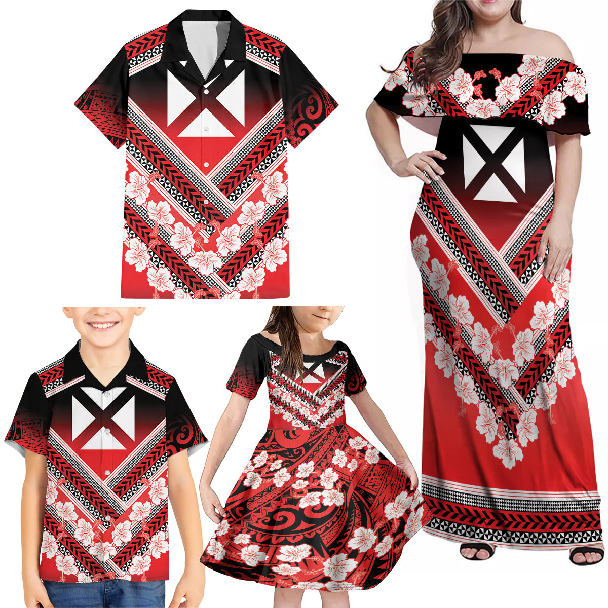 Personalised Wallis et Futuna Family Matching Off Shoulder Maxi Dress and Hawaiian Shirt Hibiscus and Polynesian Tribal Tattoos