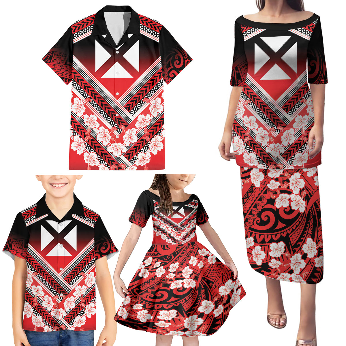 Personalised Wallis et Futuna Family Matching Puletasi and Hawaiian Shirt Hibiscus and Polynesian Tribal Tattoos