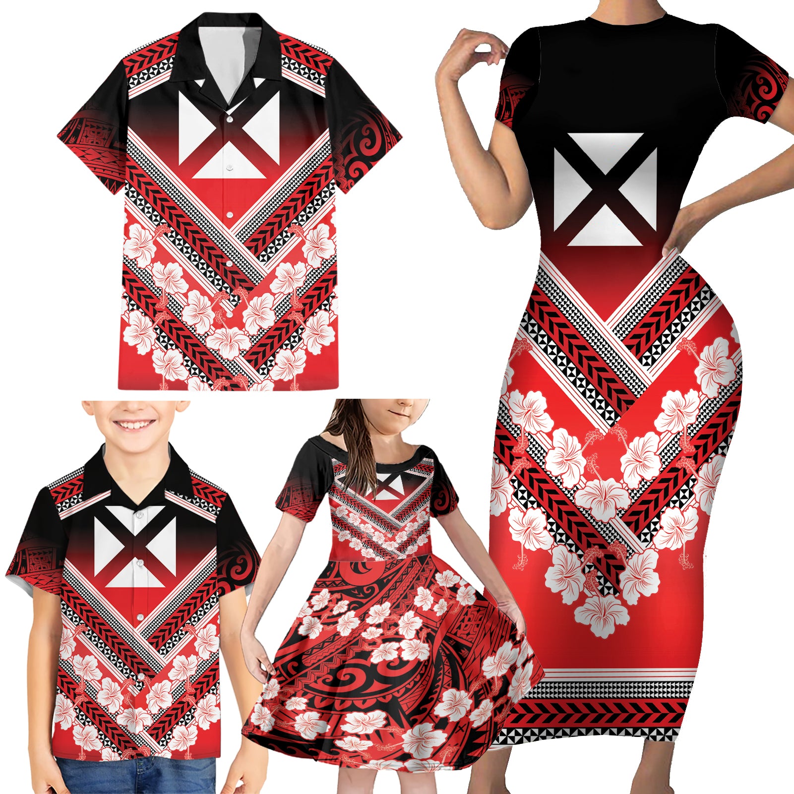 Personalised Wallis et Futuna Family Matching Short Sleeve Bodycon Dress and Hawaiian Shirt Hibiscus and Polynesian Tribal Tattoos