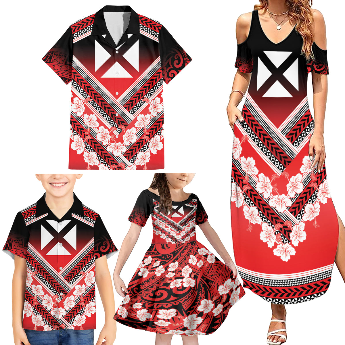 Personalised Wallis et Futuna Family Matching Summer Maxi Dress and Hawaiian Shirt Hibiscus and Polynesian Tribal Tattoos