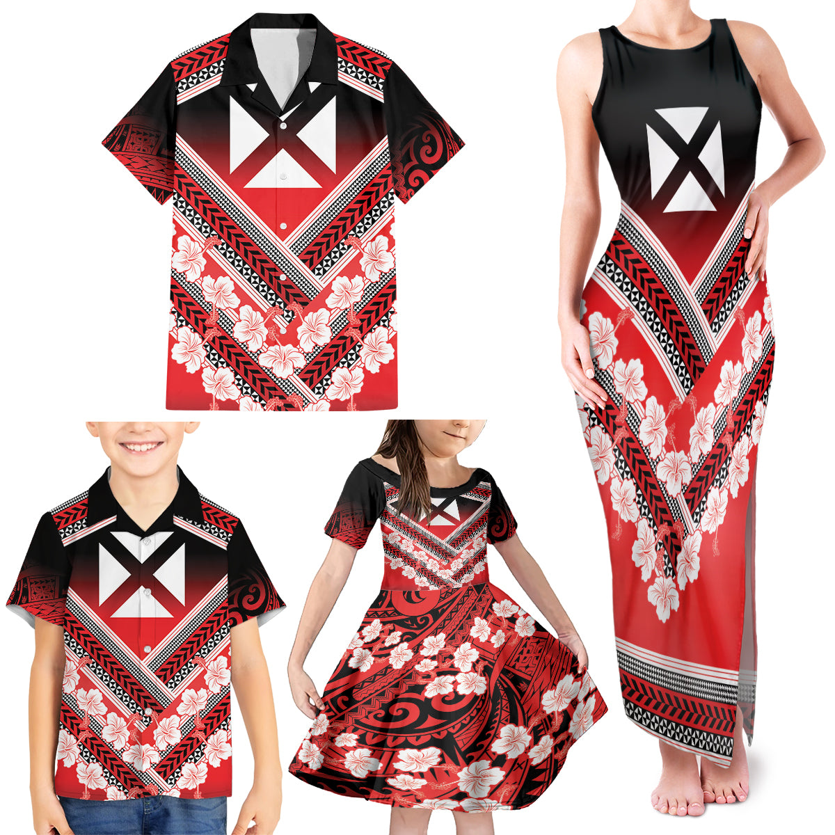 Personalised Wallis et Futuna Family Matching Tank Maxi Dress and Hawaiian Shirt Hibiscus and Polynesian Tribal Tattoos