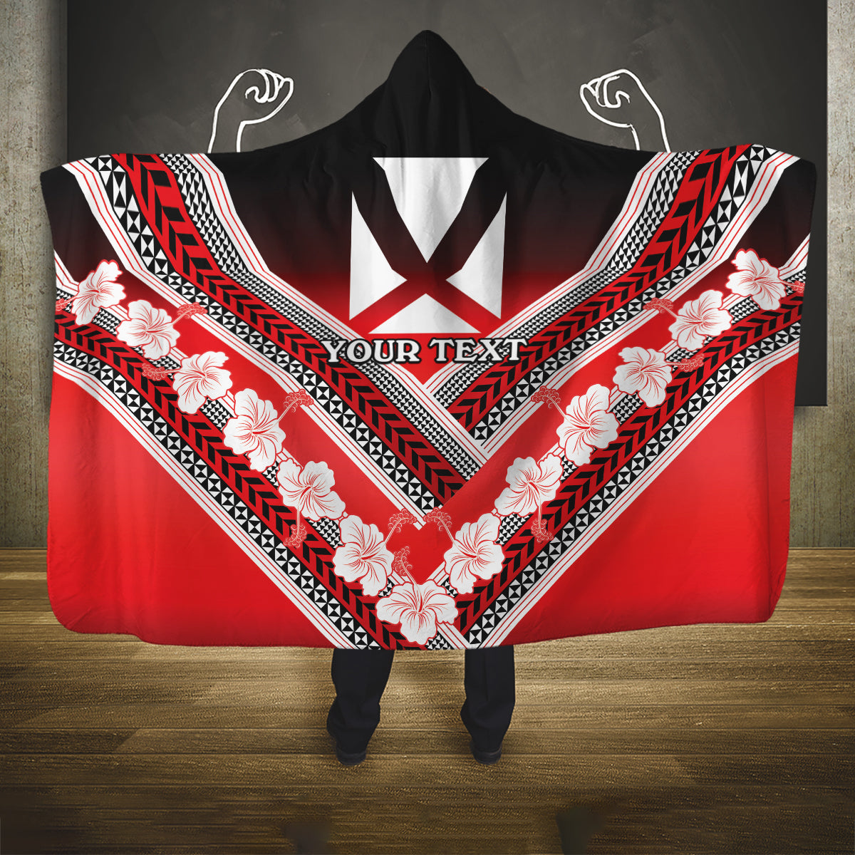Personalised Wallis et Futuna Hooded Blanket Hibiscus and Polynesian Tribal Tattoos LT9 One Size Red - Polynesian Pride