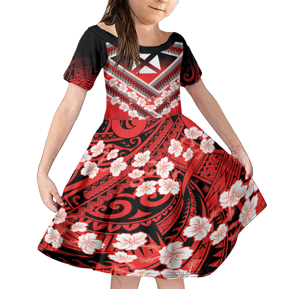 Personalised Wallis et Futuna Kid Short Sleeve Dress Hibiscus and Polynesian Tribal Tattoos LT9 KID Red - Polynesian Pride
