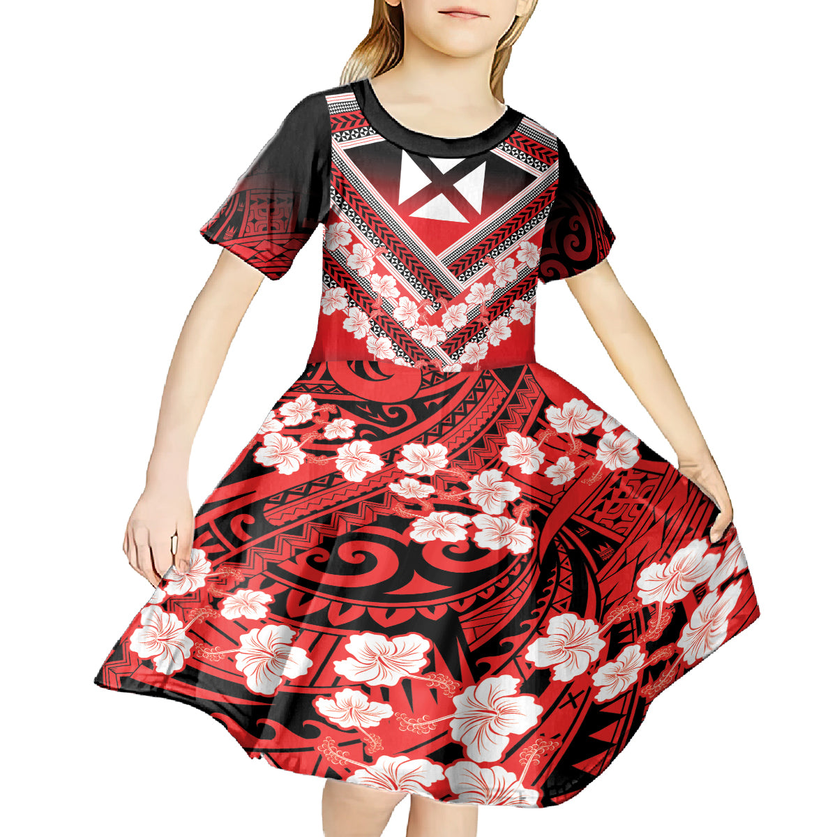 Personalised Wallis et Futuna Kid Short Sleeve Dress Hibiscus and Polynesian Tribal Tattoos LT9 - Polynesian Pride