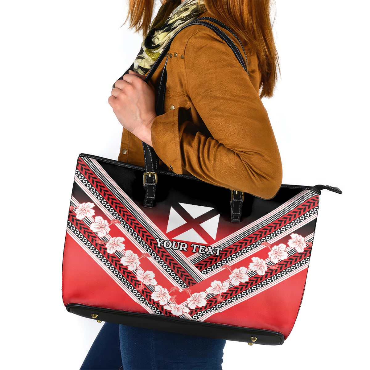 Personalised Wallis et Futuna Leather Tote Bag Hibiscus and Polynesian Tribal Tattoos LT9 Red - Polynesian Pride