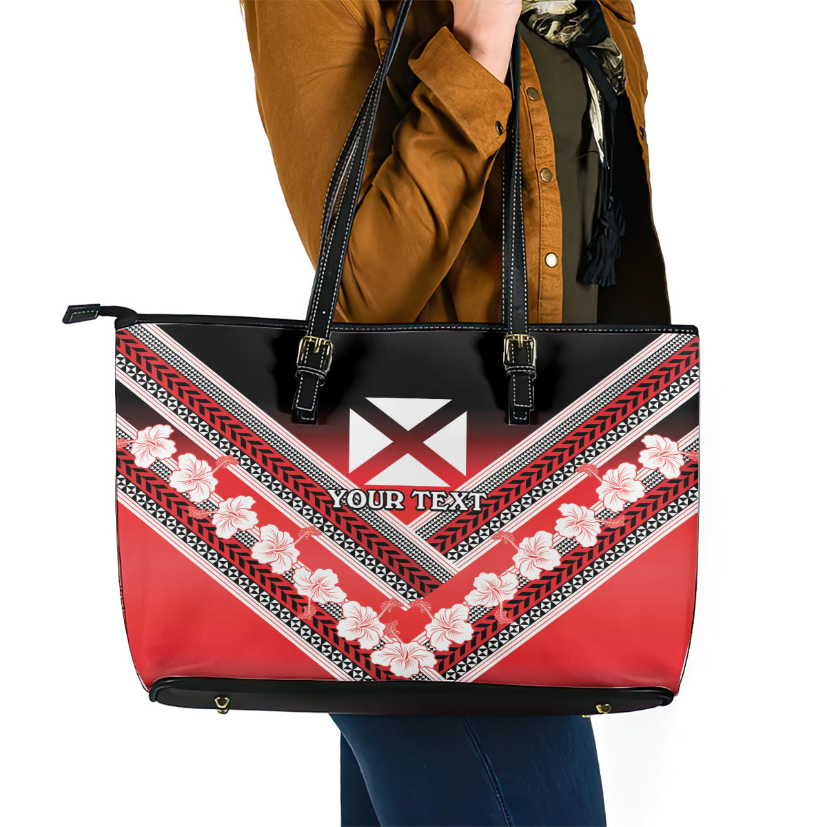 Personalised Wallis et Futuna Leather Tote Bag Hibiscus and Polynesian Tribal Tattoos LT9 - Polynesian Pride
