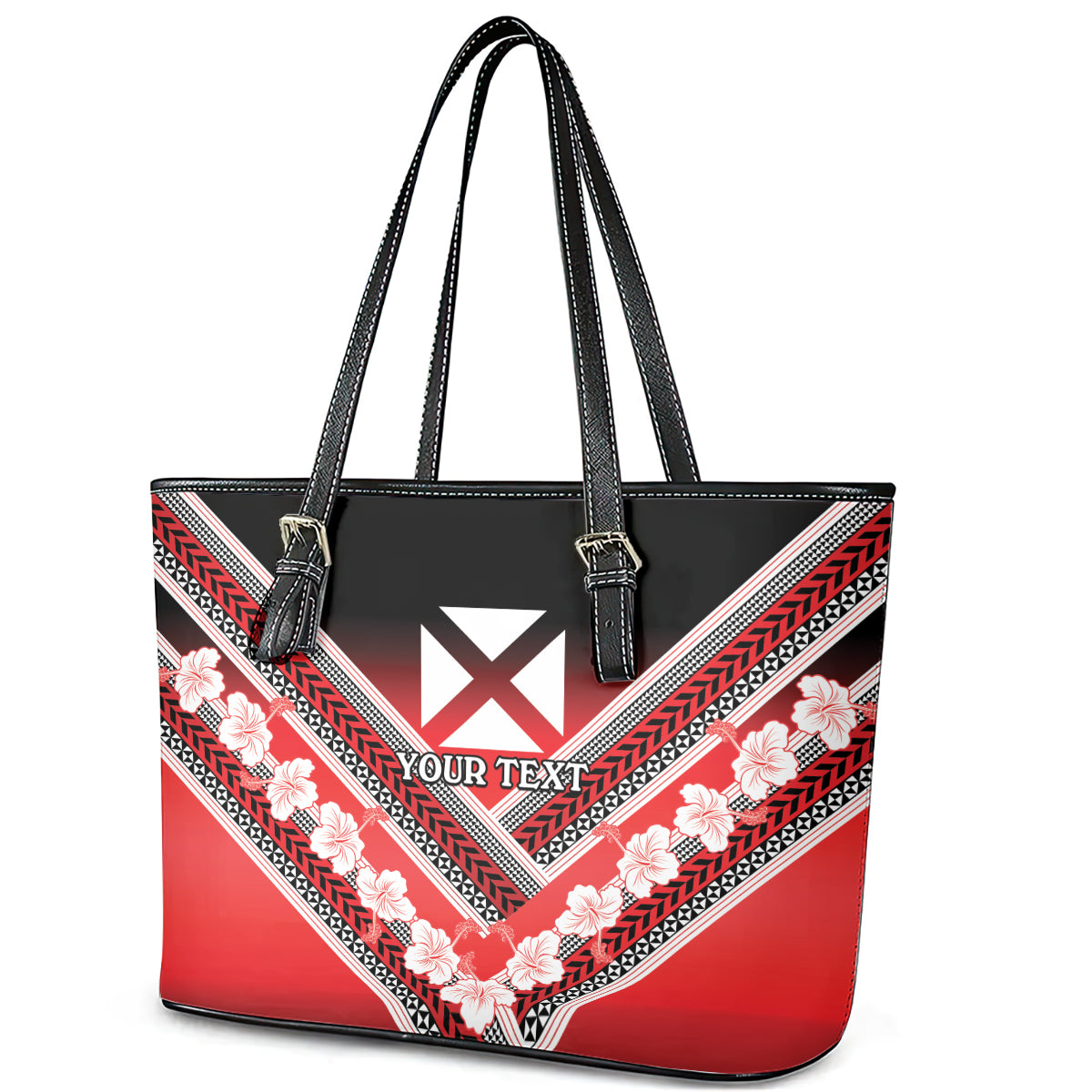 Personalised Wallis et Futuna Leather Tote Bag Hibiscus and Polynesian Tribal Tattoos LT9 - Polynesian Pride