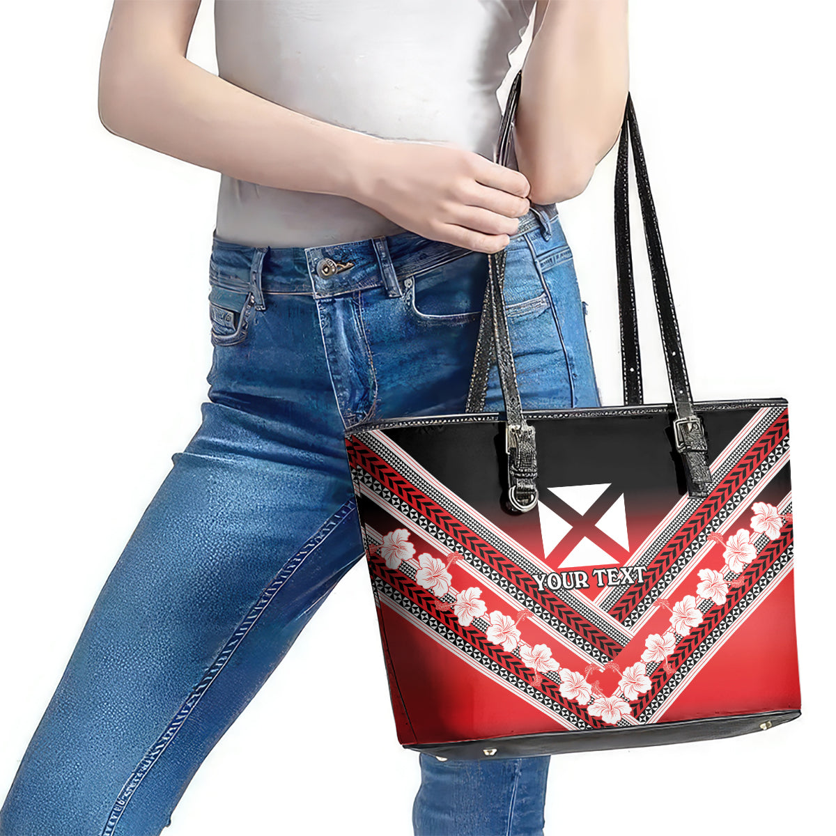 Personalised Wallis et Futuna Leather Tote Bag Hibiscus and Polynesian Tribal Tattoos LT9 - Polynesian Pride