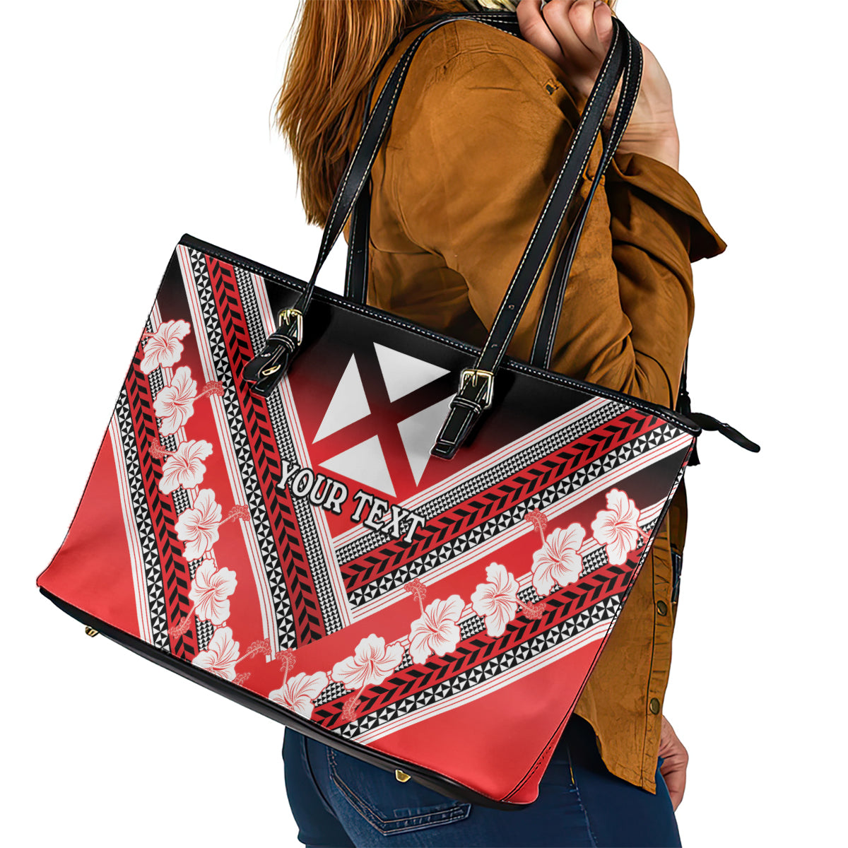 Personalised Wallis et Futuna Leather Tote Bag Hibiscus and Polynesian Tribal Tattoos LT9 - Polynesian Pride