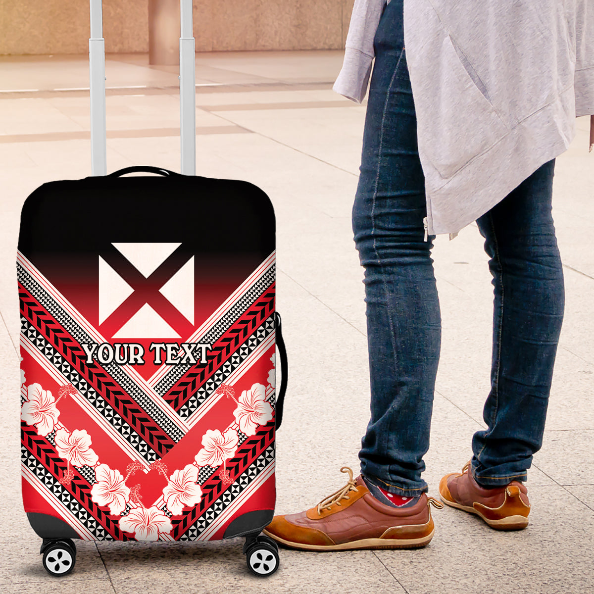 Personalised Wallis et Futuna Luggage Cover Hibiscus and Polynesian Tribal Tattoos