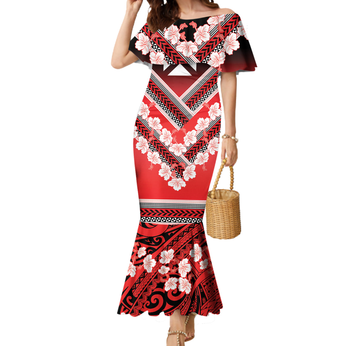 Personalised Wallis et Futuna Mermaid Dress Hibiscus and Polynesian Tribal Tattoos