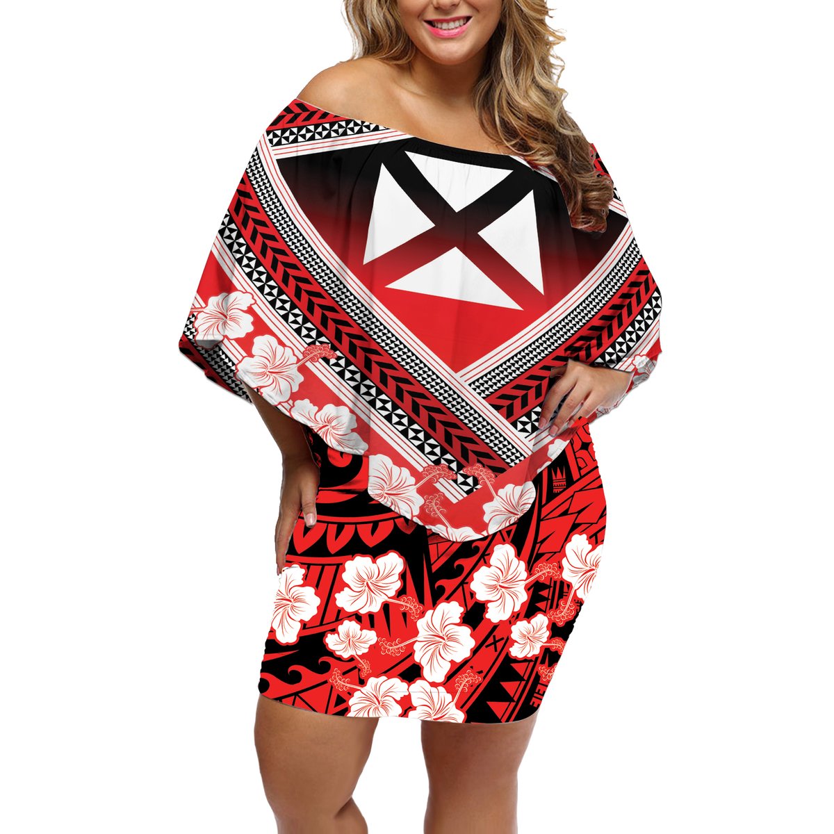 Personalised Wallis et Futuna Off Shoulder Short Dress Hibiscus and Polynesian Tribal Tattoos LT9 Women Red - Polynesian Pride