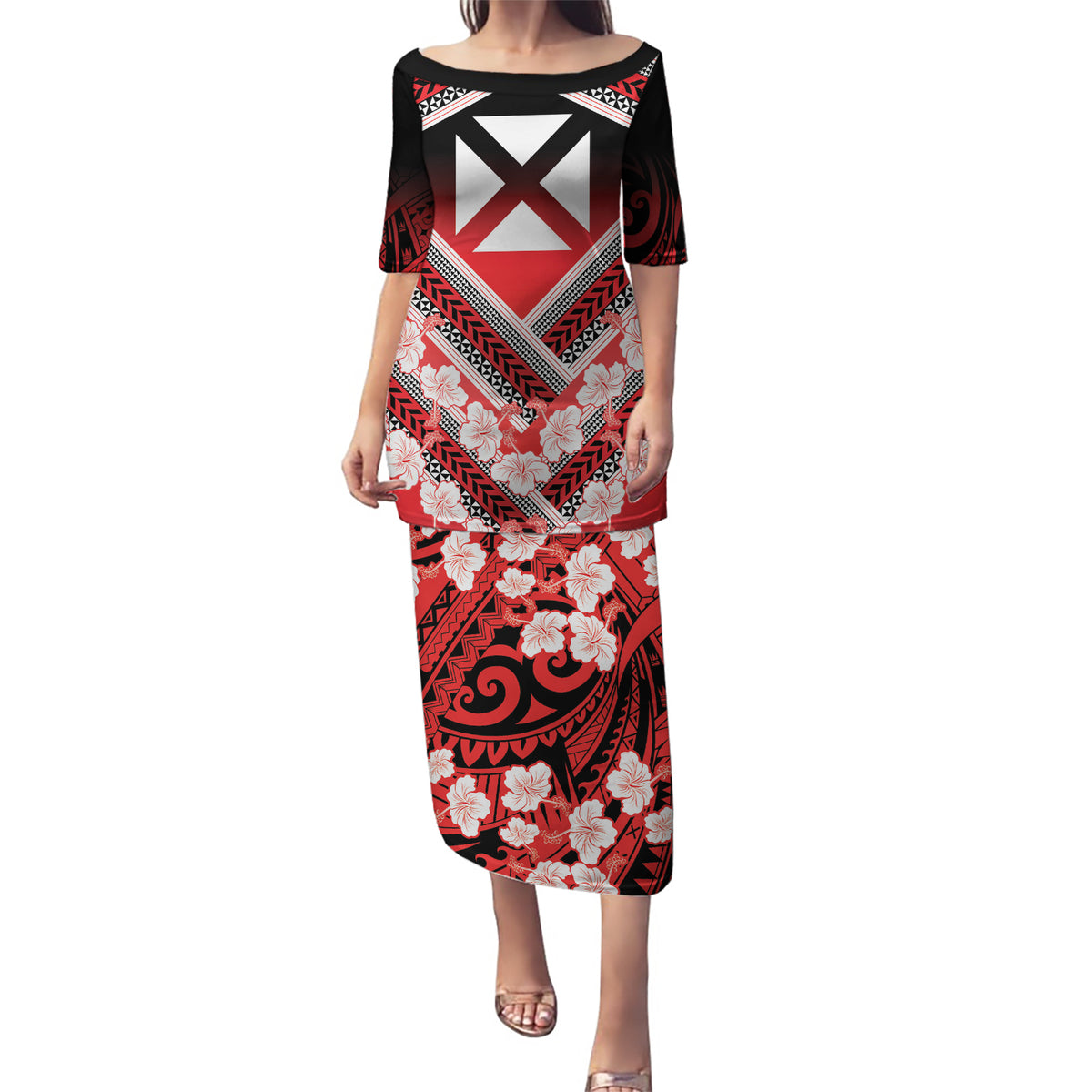 Personalised Wallis et Futuna Puletasi Hibiscus and Polynesian Tribal Tattoos LT9 Long Dress Red - Polynesian Pride