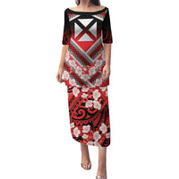 Personalised Wallis et Futuna Puletasi Hibiscus and Polynesian Tribal Tattoos LT9 Long Dress Red - Polynesian Pride