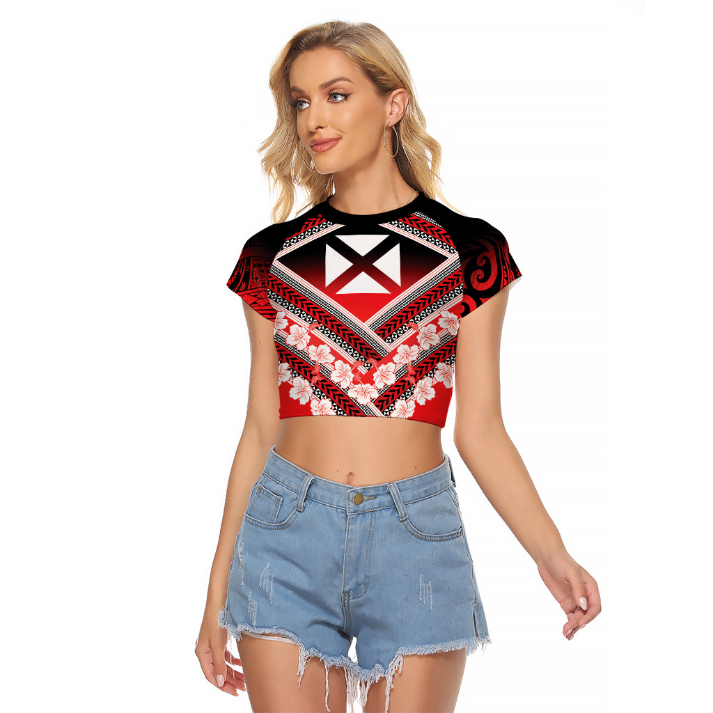 Personalised Wallis et Futuna Raglan Cropped T Shirt Hibiscus and Polynesian Tribal Tattoos