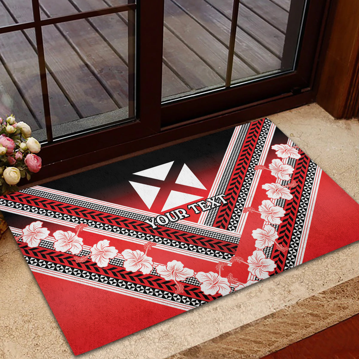 Personalised Wallis et Futuna Rubber Doormat Hibiscus and Polynesian Tribal Tattoos LT9 - Polynesian Pride