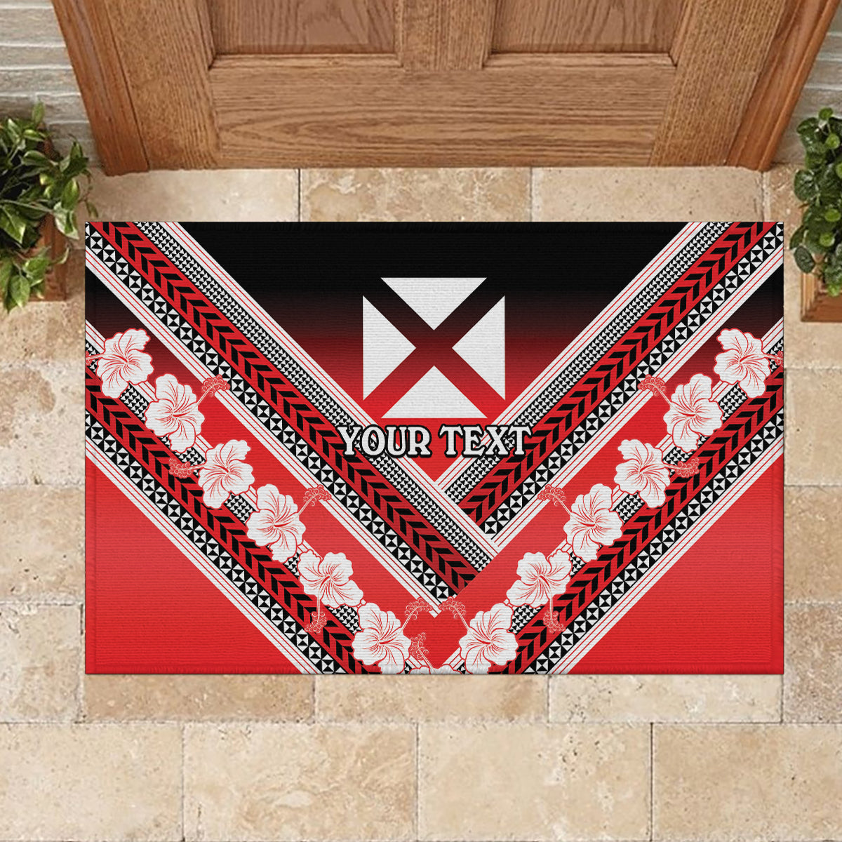 Personalised Wallis et Futuna Rubber Doormat Hibiscus and Polynesian Tribal Tattoos LT9 - Polynesian Pride